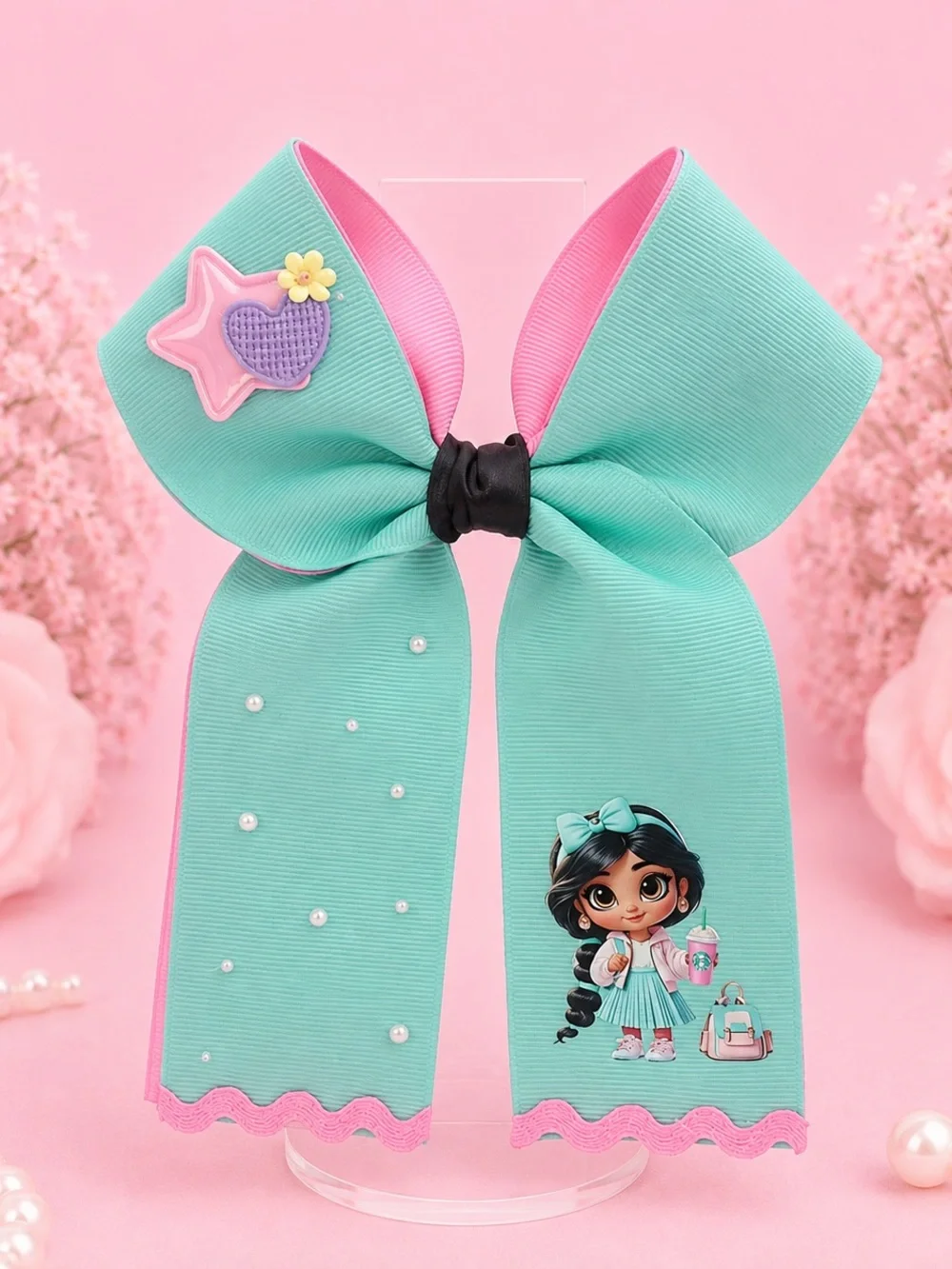 Jasmine Princess School Bow Handmade Hair Bow Mint Pink 5x7.5” NWT